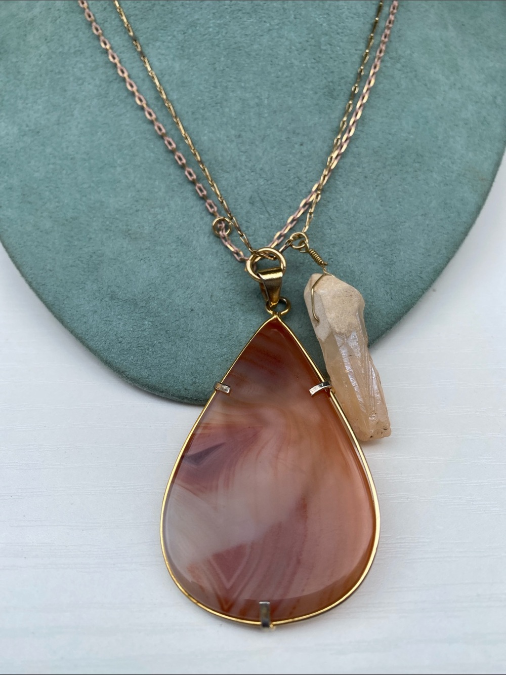Banded Agate Teardrop & Raw Quartz Crystal Layered Pendant gold toned Necklace